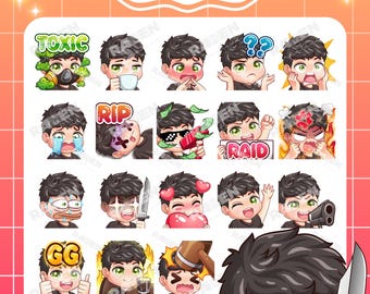 Twitch-emotes jongen: zwart haar, groene ogen-emotes - 18 emotes (digitale download)
