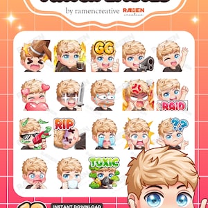 Emote Twitch per ragazzi: Emote Capelli biondi, Occhi blu - Pacchetto da 18 Emote (Download digitale)