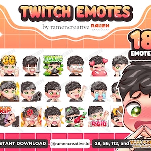 Boy Twitch Emotes , 18 Boy Emotes, Twitch Emotes, Discord Emotes, YouTube Emotes, Male Emotes, (Green Hazel Eyes | Black Hair | Black Shirt)