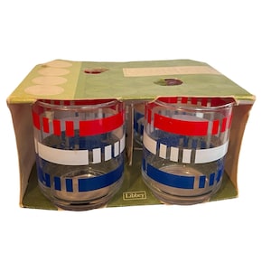 vintage libbey cups, vintage juice glasses, vintage nib glass, retro juice glass, juice glass set, patriotic glass set, libbey glass set