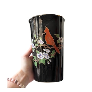 vintage asian vase, vintage cardinal vase, 1980s black vase, 1980s home decor, vintage japan, japan cardinal vase, vintage decor, vintage 80