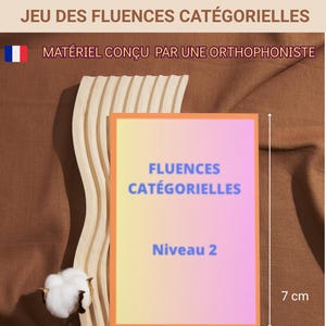 Peut inclure: Jeu des Fluences Catégorielles, un jeu éducatif avec des dimensions de 5 cm x 7 cm. Le jeu présente le niveau 2 et 64 cartes. Le matériel est conçu par une orthophoniste.