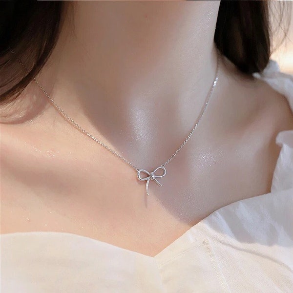 Silver Bow Necklace, Ribbon Necklace, 925 Silver Ribbon Necklace, Bow Ribbon Necklace, Ribbon Choker, Silver Knot Bracelet, Bridesmaid Gift