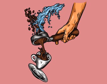 Barista coffee espresso machine, water, beans, splash, vector