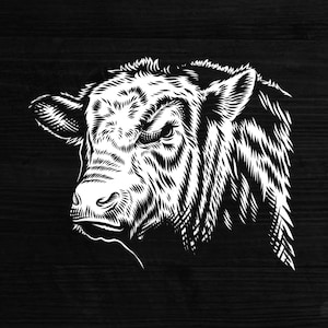 May include: Black and white line art illustration of a bull's head. The bull is looking to the left with a serious expression. The illustration is in a woodcut style.