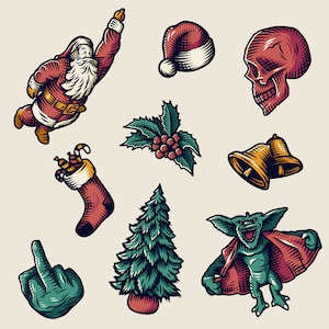 Op de afbeelding: Een set van negen kerstthema-illustraties met een vliegende kerstman, een schedel, een kerstsok, een kerstboom, een hulsttak, een paar bellen, een groen monster met een rode cape en een middelvinger.