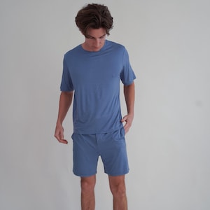 Mens Shorts Pajama Set, Shirt and Shorts Set, HeavenlySoft Pajamas, Lightweight & Breathable, Luxurious and Comfortable, DeepSky