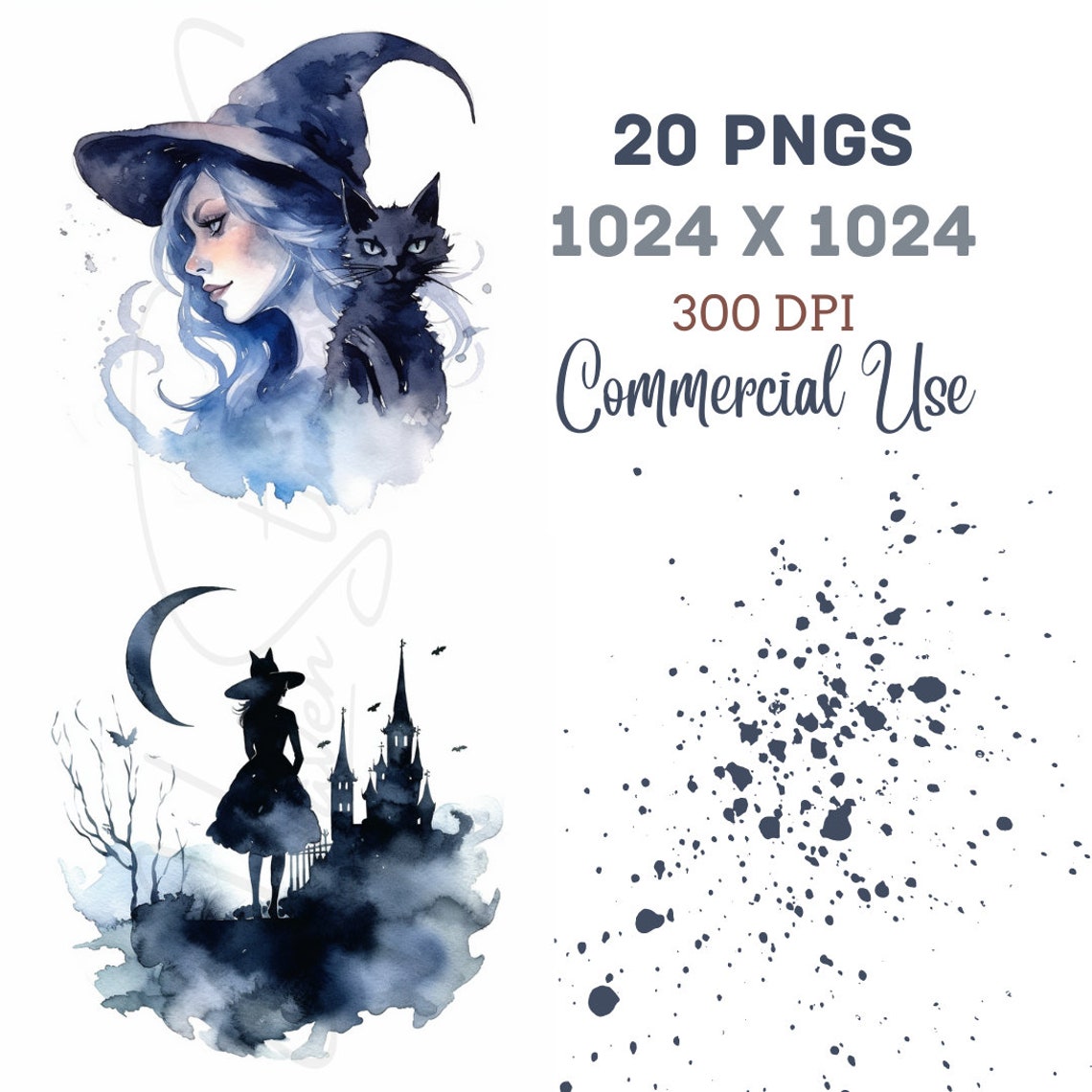 Watercolor Fantasy Gothic Witches Clipart, Sublimation, Witch PNG ...
