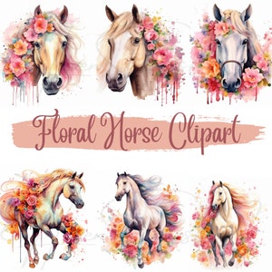 Watercolor Floral Horse Clipart, Horse Sublimation, Fantasy Horse Clip Art, Horse PNG, Wall Art, Digital Download, Commercial Use