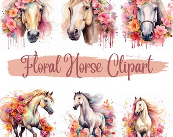 Watercolor Floral Horse Clipart, Horse Sublimation, Fantasy Horse Clip Art, Horse PNG, Wall Art, Digital Download, Commercial Use