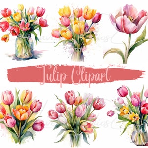 Watercolor Tulip Clipart, Sublimation, Floral Bouquets, Spring Flowers, Tulips, Flower PNGs, Wall Art, Digital Download, Commercial Use