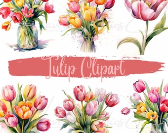Watercolor Tulip Clipart, Sublimation, Floral Bouquets, Spring Flowers, Tulips, Flower PNGs, Wall Art, Digital Download, Commercial Use