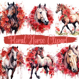 Watercolor Floral Horse Clipart, Horse Sublimation, Fantasy Horse Clip Art, Horse PNG, Red, Wall Art, Digital Download, Commercial Use