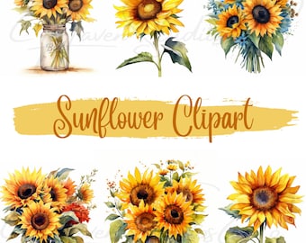 Watercolor Sunflower Clipart, Sublimation, Floral Bouquets, Flower PNGs, Wall Art, Digital Download, Commercial Use