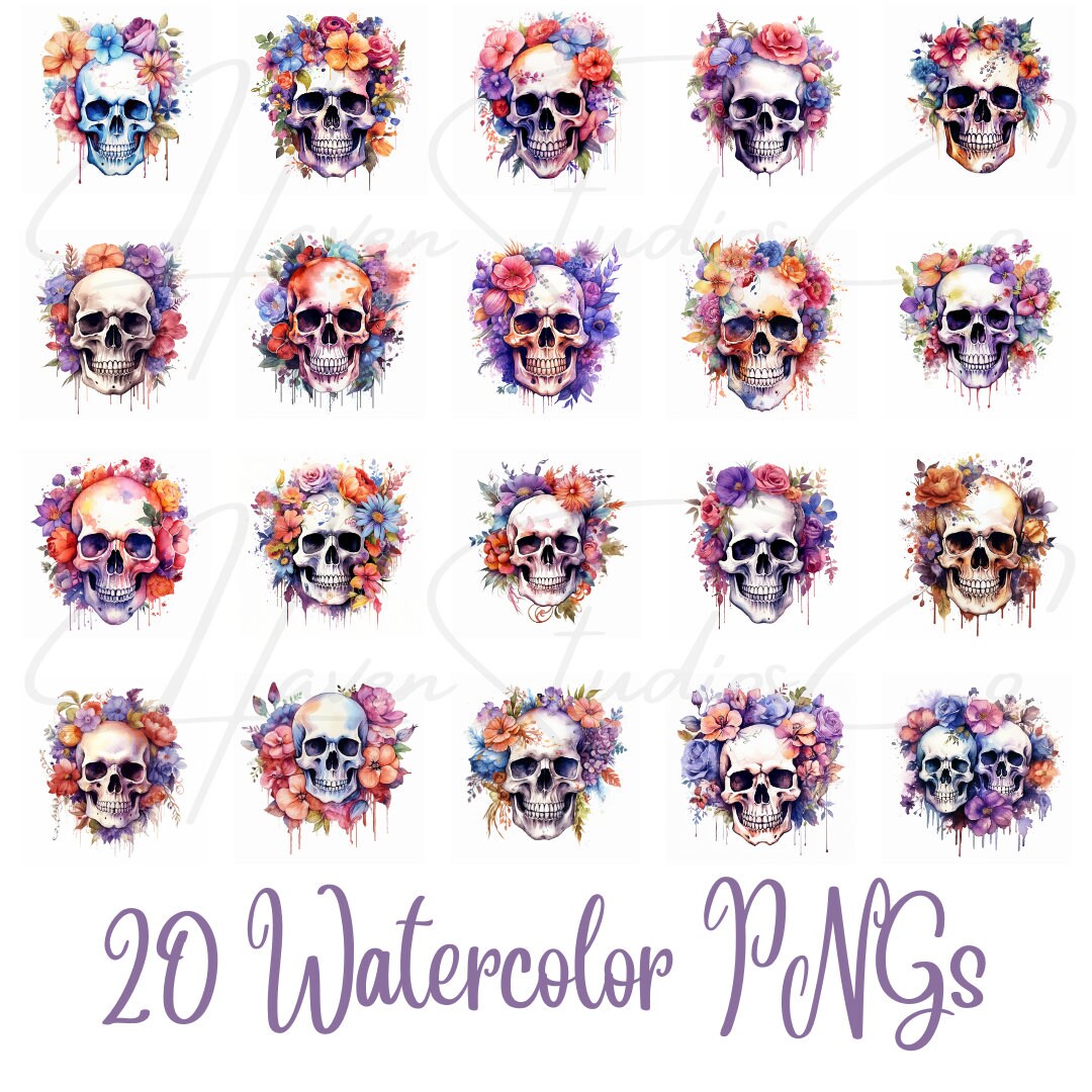 Watercolor Fantasy Floral Skulls Clipart, Sublimation, Skull PNG, Wall ...