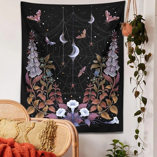 Wandteppich Mond Starry Tapestry Blume Motte Katze Tarot Floral für Schlafzimmer Wohnzimmer Home Wand Decor 3