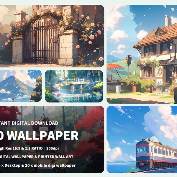 40 Ghibli Studio inspired midjourney wallpaper, digital wallpaper, computer screensaver, mobile wallpaper, printable wall art, anime style