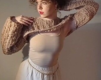 Crochet Knitted Shrug / Mesh Sleeves Handmade