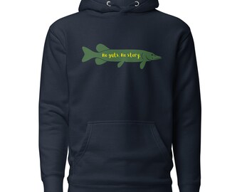 Può includere: Una felpa con cappuccio blu navy con un'illustrazione di un pesce verde e il testo "No guts, No story." in giallo.