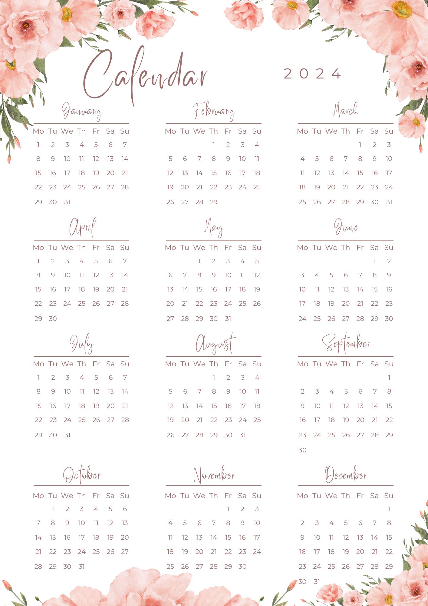 Peony 2024 Calendar Printable Etsy