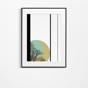 May include: Abstract art print featuring a black silhouette of a tree with a teal and yellow circle behind it. The print is framed with a black frame.