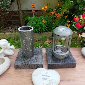 Children's lantern + vase, SET, grave lantern and vase, grave vase, grave light, aluminum, with moon and stars, silver-gray, 2 year guarantee