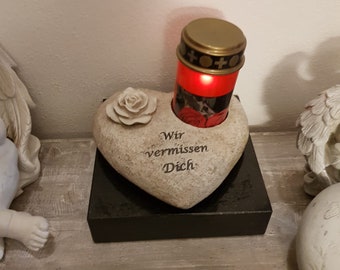 Grabschmuck, Herz als perfekte Grabdekoration, Deko Gedenkstein mit LED Grablicht , Herz mit Rose und Aussparung für Grablicht