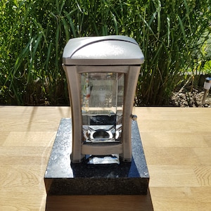 Aluminum, grave lamp with GRANITE BASE, grave lamp, grave light, grave decoration, candle, cemetery light, cemetery lamp, gray, guarantee, silver,