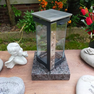 Stainless steel housing, crystals, modern, square, large, grave light, grave lantern, grave lamp, 2 year guarantee, 10 crystals, large door opening,