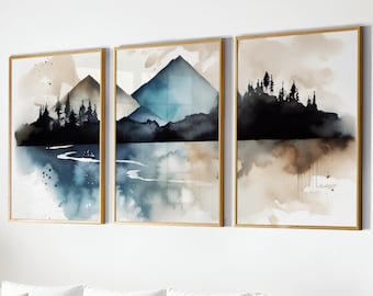 Blue Mountain Wall Art, Landscape Triptych Wall Art, Watercolor Nature Print Poster, Landscape Print, Forest Art Print, Mountain Painting