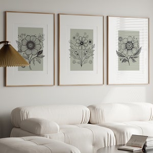 Sage Green Wall Art, Set of 3 Prints, Botanical Line Art, Wall Art Set, Minimalist Modern Neutral Bedroom Decor, Minimalist Floral Wall Art