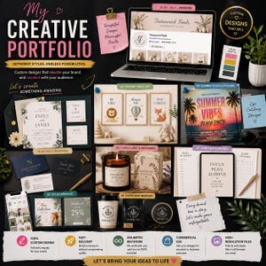 May include: A creative portfolio display featuring a laptop showing an Etsy shop, wedding stationery, nursery wall art, summer party flyers, business branding cards, a lavender candle, printable planners, and coffee shop branding materials.