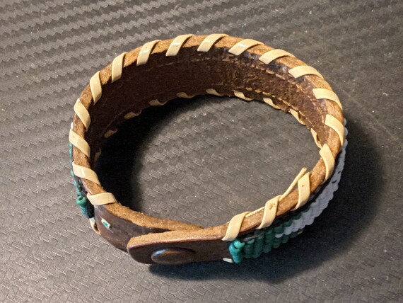 Old Pawn Handmade Beaded Leather Bracelet - image 6