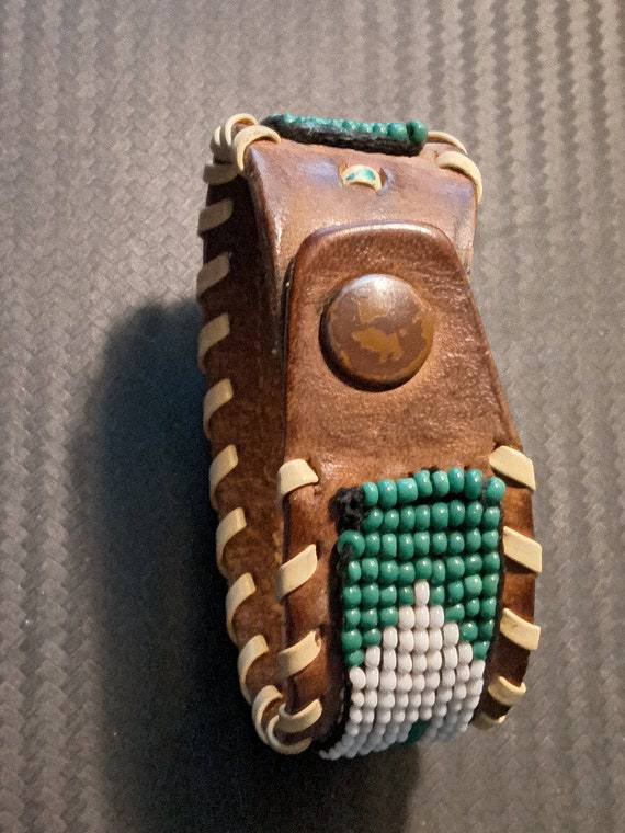 Old Pawn Handmade Beaded Leather Bracelet - image 2