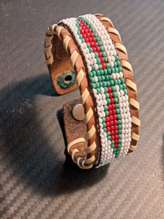 Old Pawn Handmade Beaded Leather Bracelet - image 1