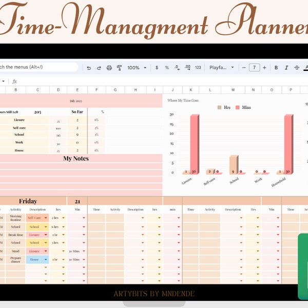 2023-2024 undated Monthly Time-Management planner, Google Sheets task tracker, Time blocking self care workbook. Time tracker