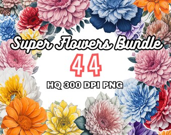 Superblomspaket, akvarellblomspaket, blomma PNG, färgglad akvarellblomsclipart, mors dag, kommersiellt bruk, direktnedladdning
