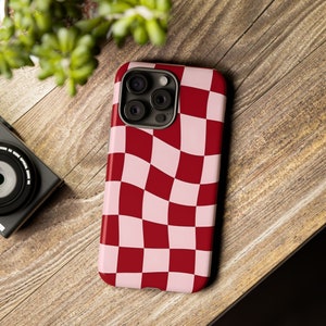 Stylish Pink Red Checkered Phone Case | iPhone 16, 15, 14, 13, 12, 11, SE, X, XR, XS Max, 15 Pro Max, cover, Samsung Galaxy S20 S21 S22, S24