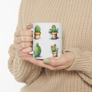 Cactus Coffee Mug, Plant Lover Coffee Mug, Boho Coffee Mug, Cute Cactus Ceramic White Mug, Succulent Mug, Funny Cactus Mug, Gardening Mug