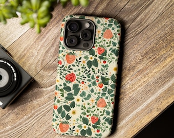 Vintage Strawberry Fields | Green Floral Phone Case | iPhone 16, 15, 14, 13, 12, 11, SE, X, XR, XS Max, 15 Pro Max Samsung Galaxy S20 S24