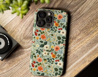 Strawberry Fields | Green Floral Phone Case | iPhone 16 15, 14, 13, 12, 11, SE, X, XR, XS Max, 15 Pro Max, cover, Samsung Galaxy S20 S24 S21