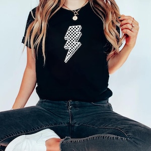 Retro Checkered Lightning Bolt T-Shirt, Bold Black White Graphic Tee, 90s Punk Rock Shirt,  Lightning Bolt Shirt, Checkered Lightning Bolt