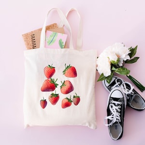 Strawberry Rain Tote Bag | Strawberries Tote Bag | Strawberry Tote Bag | Minimalistic Tote Bag | Elegant Tote Bag | Minimal Books Tote Bag