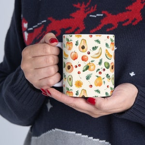 Avocado Summer Fruits Coffee Mug, Tropical Fruit Mug, Papaya Fruit Mug, Hand Painted Coffee Mug, Fruit Pattern Mug, Funny Office Tea Mug