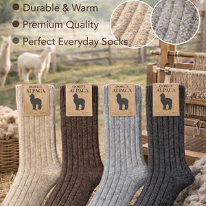 May include: Four pairs of ribbed alpaca socks in beige, brown, gray, and anthracite. Each sock has a tag with the brand name and a silhouette of an alpaca. The text reads "Qorux Alpaca Socks".