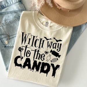 Comfort Colors® I Witch Way to the Candy Halloween T-Shirt, Cute Witch Graphic Tee, Funny Trick or Treat Shirt for Spooky Season