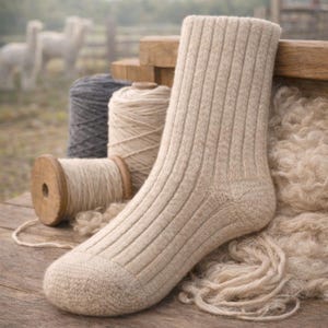 May include: A beige ribbed knit sock made of alpaca wool, positioned next to spools of yarn and loose wool fibers. The text "Naturally Soft Alpaca Wool" is printed at the bottom of the image, which features a rustic wooden surface.