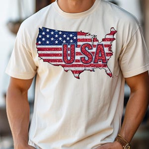 Chemise carte avec drapeau des États-Unis Comfort Colors® I, t-shirt Patriotic American Pride, t-shirt USA 4 juillet, haut à imprimé États-Unis rouge, blanc et bleu