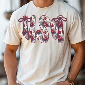 Comfort Colors® I Floral USA Shirt with Bows, Patriotic Aesthetic Tee, Red White Blue Vintage 4th of July T-Shirt, Retro USA Graphic Top