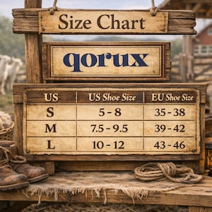 May include: A wooden sign displaying a size chart for qorux footwear. The chart lists US sizes S, M, and L with corresponding US shoe sizes 5-8, 7.5-9.5, and 10-12, and EU shoe sizes 35-38, 39-42, and 43-46. Brown leather boots sit on the wooden base.